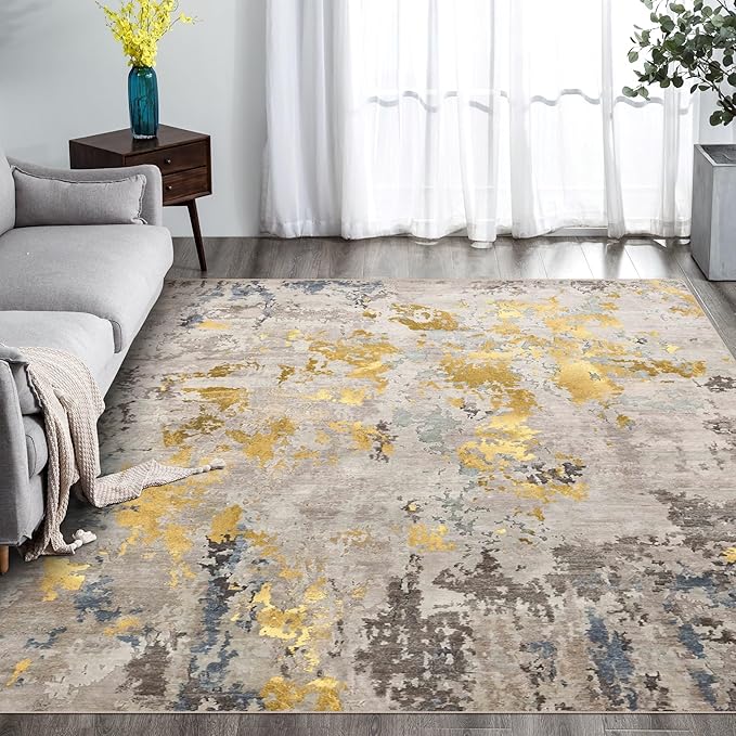 vivorug Washable Rug, Ultra Soft Area Rug 3x5, Non Slip Abstract Small Rug, Stain Resistant Rugs for Living Room Bedroom, Modern Fluffy (Grey/Mustard, 3'x5')