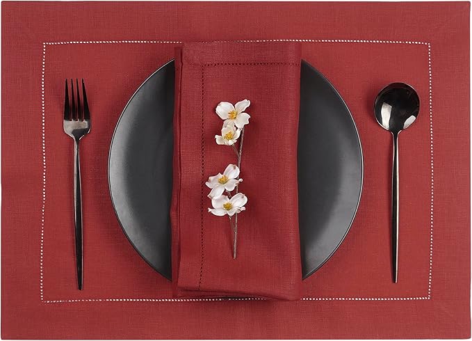 D'Moksha Homes Red Linen Placemats Set of 4 - Classic Hemstitch Placemats 14 x 19 Inch - 100% Pure Linen Table Mats for Winter, Christmas, Holiday - Handcrafted and Machine Washable