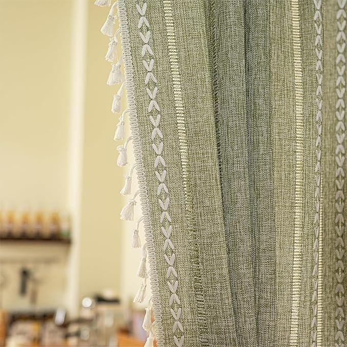 Sutuo Home Green Boho Door Curtains for Kitchen Doorway, Bohemian Semi Blackout Privacy Embroidery Drape Decor for Temporary Room Dividers Bedroom Living Room, Rod Pocket 1 Panel 37" W x 80" L
