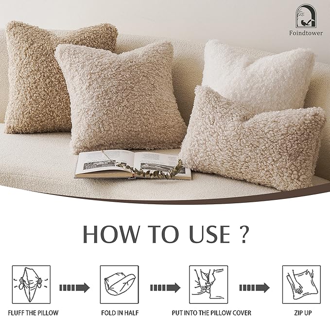 Foindtower 2 Pieces 22x22 Inch Neutral Cream, Faux Fur Throw Pillow Cover Accent Sherpa Pillow Fuzzy Soft Pillowcases Sheepskin Decorative Fleece Cushion Case for Bed Couch Living Room