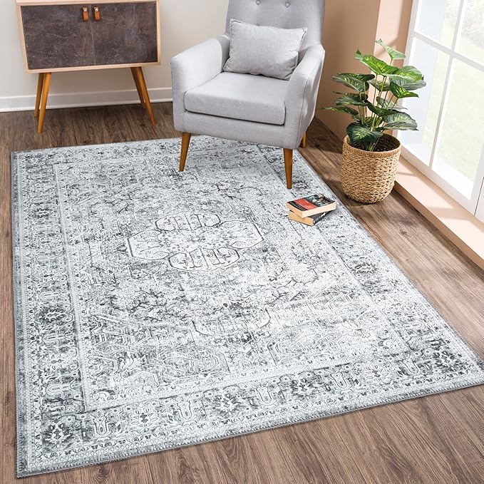 Bloom Rugs Washable Non-Slip 6' x 9' Rug - Gray/Charcoal Traditional Medallion Area Rug for Living Room, Bedroom, Dining Room, and Kitchen - Exact Size: 6' x 9'
