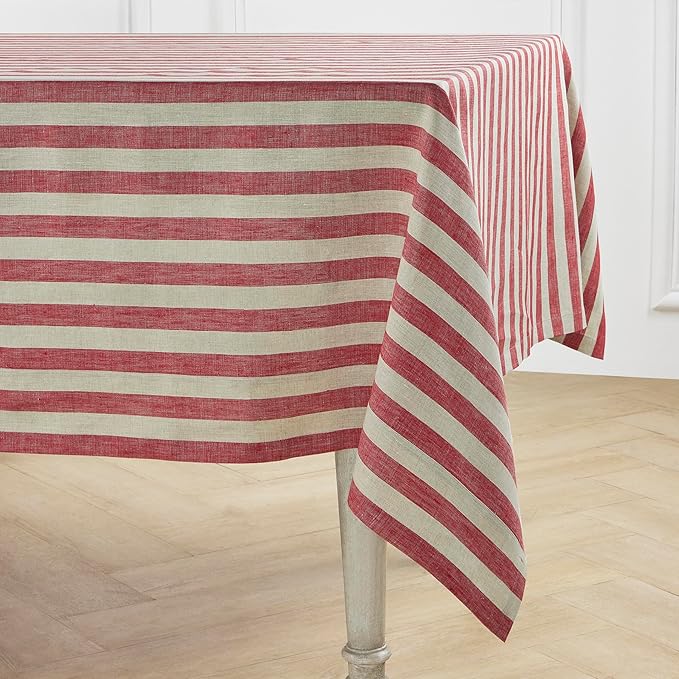 Solino Home Linen Tablecloth 60 x 120 Inch - Sorrento Stripe 100% Pure Linen Red and Natural Table Cloth for Rectangle Tables - Machine Washable Tablecloth for Fall, Autumn, Thanksgiving, Christmas