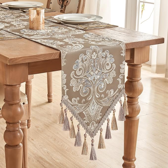 Loom and Mill Luxury Table Runner for Home Decor, Jacquard Floral Dining Table Runner with Tassels, 90 inches Long Damask Runner for Dining Dresser Party Banquet Decorations(Light Coffee, 13*90 inch)