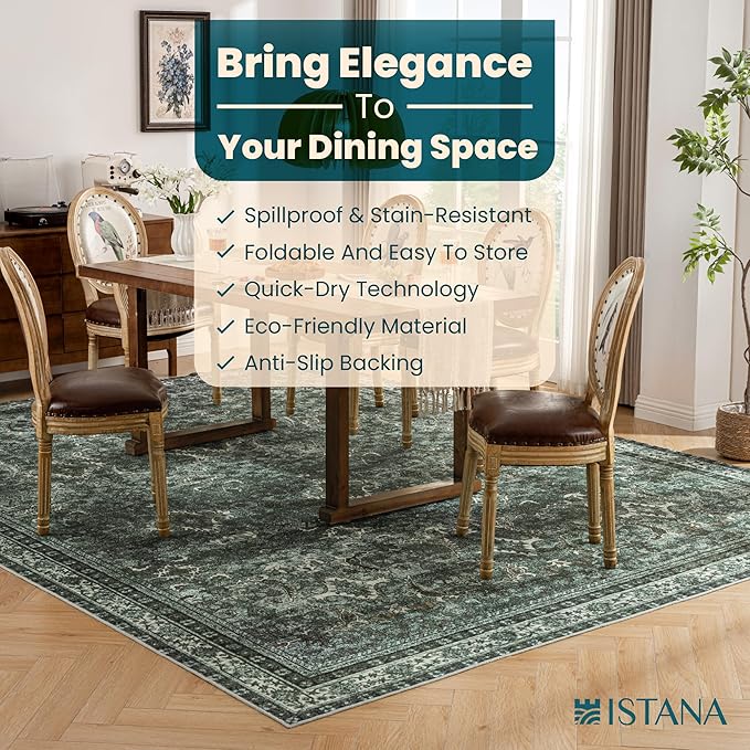 Istana 9x12 Area Rug - Dark Green 9 x 12 Area Rugs for Living Room - Foldable Rugs for Bedroom/Living Room Rug 9x12 - Stain Resistant Washable Rugs - Eco-Friendly Area Rugs
