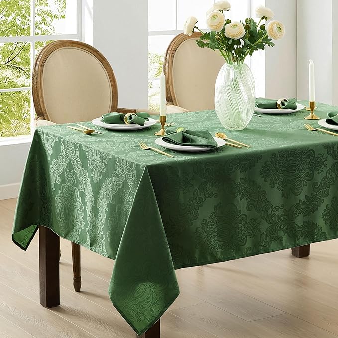 Newbridge Barcelona Damask Fabric Tablecloth, 60 x 84 Inch Rectangle, Hunter Green – No Iron, Soil Resistant Table Cover for Dining, Parties and Holidays
