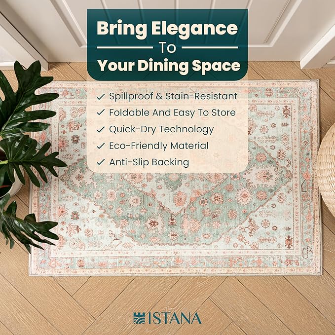 Istana 2x3 Area Rug - Light Green/Pink Boho Rugs for Living Room 2x3 - Foldable Small Rugs for Bedroom - Stain Resistant Washable Rug Non Slip - Eco-Friendly Area Rugs Indoor
