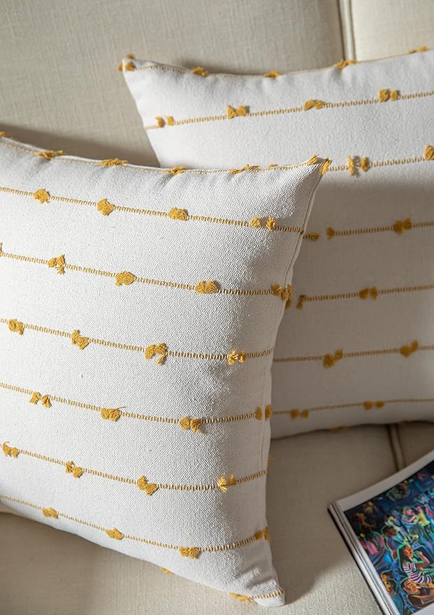 Caflife Boho Throw Pillow Covers 20x20 inches Beige and Yellow, Set of 2 Modern Farmhouse Decorative Pillow Covers for Couch Bed, Living Room