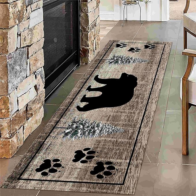 Bear Paw Runner Rug,2x10ft,Rustic Black Bear Forest Wildlife Washable Porch Rugs, Soft Durable Vintage Long Runner Rug for Living Room Kitchen Laundry Room Hallwey Entrance