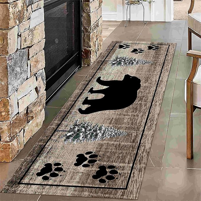 Bear Paw Runner Rug,1.3x7ft,Rustic Black Bear Forest Wildlife Washable Porch Rugs, Soft Durable Vintage Long Runner Rug for Living Room Kitchen Laundry Room Hallwey Entrance