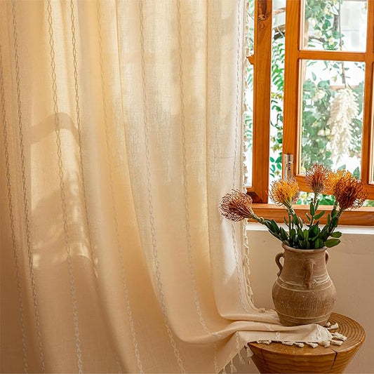 Sutuo Home Boho Curtains for Bedroom Dining Room Kitchen, Light Filtering Linen Farmhouse Shabby Chic Tassels Window Treatment Bohemian Embroidery Drape, Rod Pocket 1 Panel 52" W x 63" L Champagne