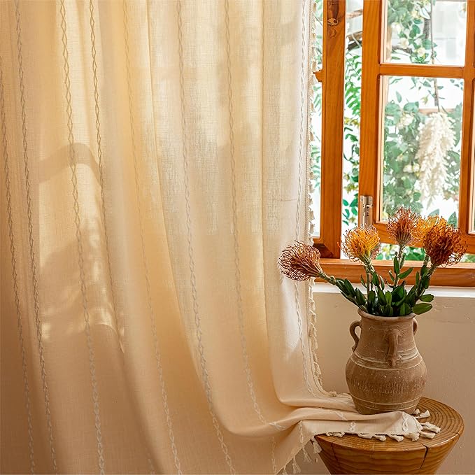Sutuo Home Boho Curtains for Bedroom Living Room, Light Filtering Linen Farmhouse Vintage Shabby Chic Tassels Window Treatment Bohemian Embroidery Drape, Rod Pocket 1 Panel 52" W x 108" L, Champagne
