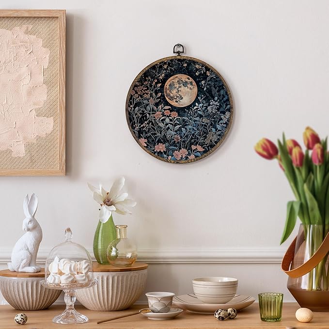 KFXHANGD Vintage Moon Flowers Round Wall Art Framed, Gothic Botanical Moon Canvas Wall Art Decor, Dark Academia Cottagecore Floral Pictures Hanging Decor for Bedroom Living Room Bathroom, 10x10inch
