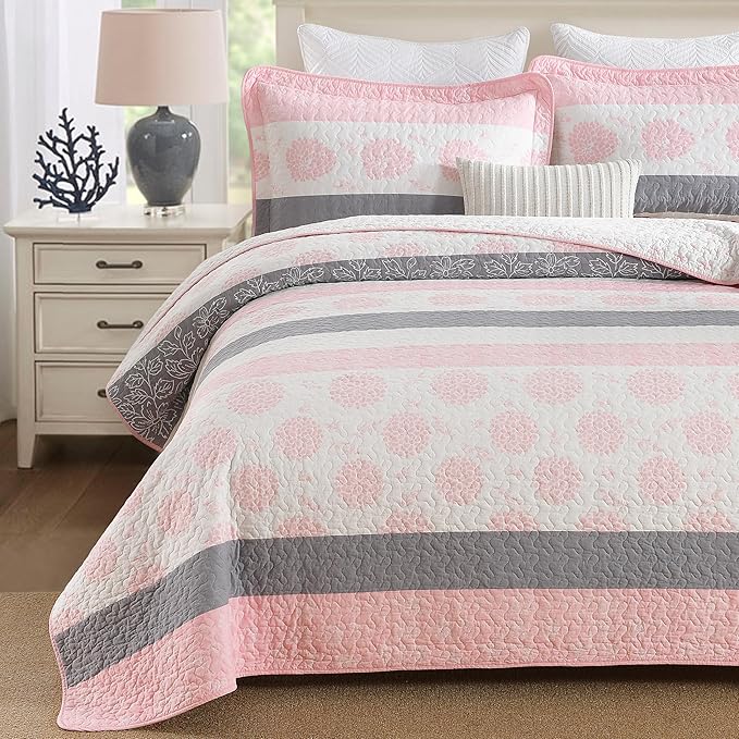 Homzard Floral Comforter King Size,Cotton King Size Quilt Sets,Pink White Grey Comforter Set,Farmhouse Striped Bedding Set,Lightweight Reversible 3 Piece Bedspread,All Season