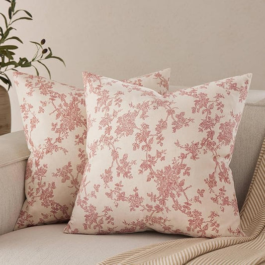 100% Cotton French Pastoral Throw Pillow Covers Set of 2, 22x22 Inch Red Farmhouse Decorative Cushion Covers for Sofa Bed Living Room Home Decor