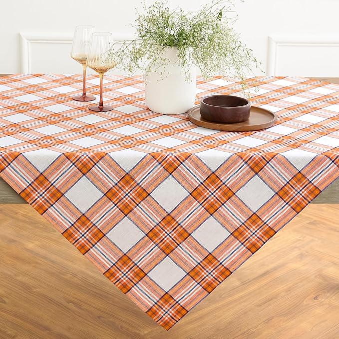 Solino Home Linen Square Tablecloth 52 x 52 Inch - 100% Pure Linen Orange Tartan Plaid Tablecloth - Handcrafted and Machine Washable Table Throw for Fall, Autumn, Thanksgiving