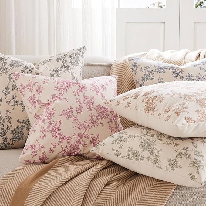 100% Cotton French Pastoral Throw Pillow Covers Set of 2, 24x24 Inch Brown Farmhouse Decorative Cushion Covers for Sofa Bed Living Room Home Decor