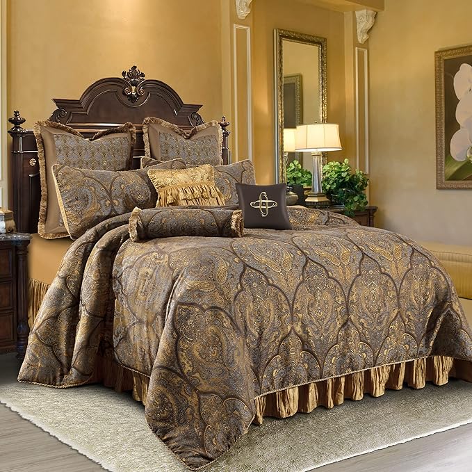 Loom and Mill Jacquard Comforter Set-9 Piece, Luxury Classic Antique Comforter Set King, Ultra Soft Damask Bedding with Euro Shams, Bedskirt, Filled Decorative Pillows(Cambridge, King),Bronze Gold