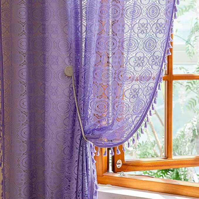 Sheer Purple Curtains 96 Inches Long Bohemian Crochet Curtains with Tassel Rod Pocket Farmhouse Lavender Flower Sheer Panels for Bedroom Living Room Elegant Home Decor 8FT 59W x 96L