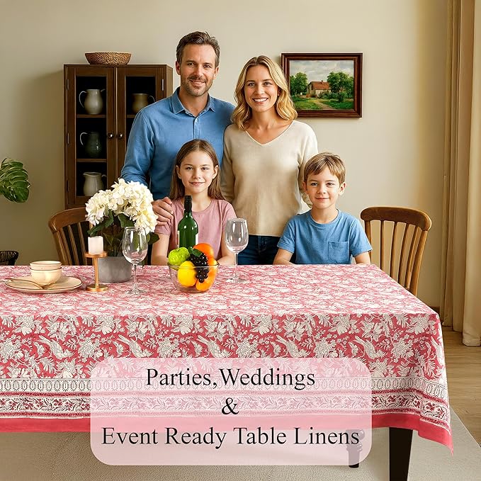 CPC Tablecloth 100% Cotton 72x160 Inch Indian Block Print Rectangle Table Cover, Pink Table Cloth for Weddings, Spring/Summer, Barbeque - Pink Coral