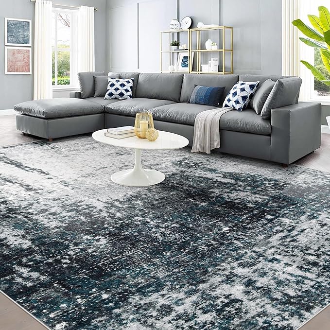 9x12 Area Rugs Washable Rug, Soft Modern Abstract Rugs for Living Room Large Low Pile Thin Rug Non Slip Indoor Neutral Carpet for Bedroom Dining Room Farmhouse Office Kids Playroom Black Grey Blue