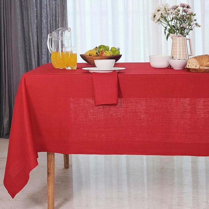 D'Moksha Homes Bright Red Linen Tablecloth 54 x 72 Inch - 100% Pure Linen Tablecloth for Rectangle Tables - Machine Washable Table Cloth for Fall, Thanksgiving, Christmas, Holiday