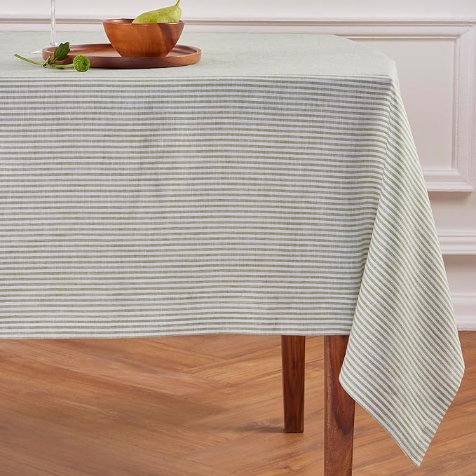 Solino Home Linen Striped Tablecloth 60 x 120 Inch - 100% Pure Linen Avocado and White Table Cloth for Rectangle Tables - Narrow Stripe, Machine Washable Tablecloth for Thanksgiving, Christmas, Winter