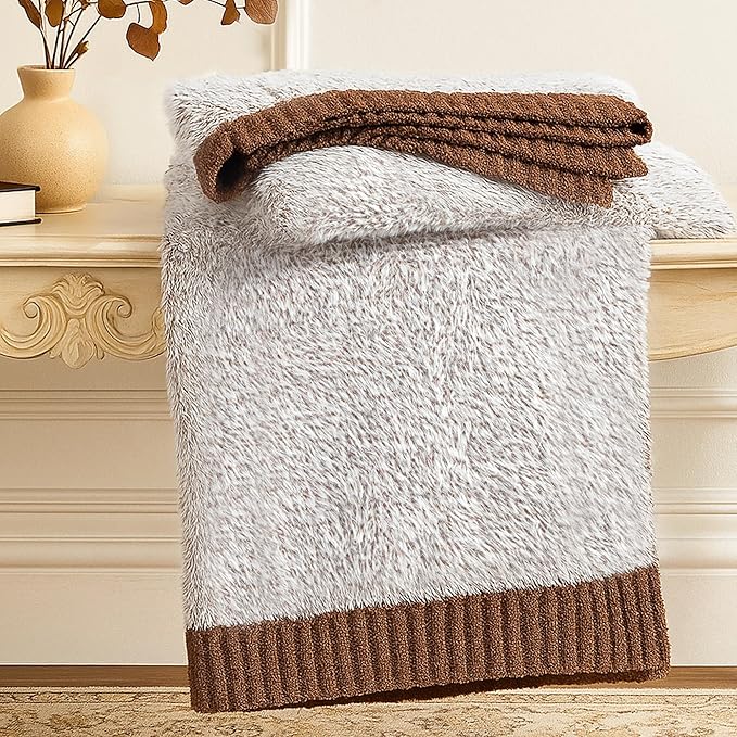Amélie Home Knit Throw Blanket for Couch, Super Soft Fuzzy Blanket for Sofa, Luxury Cozy Fluffy Throw for Room Decor, 50" x 60", Heather Brown