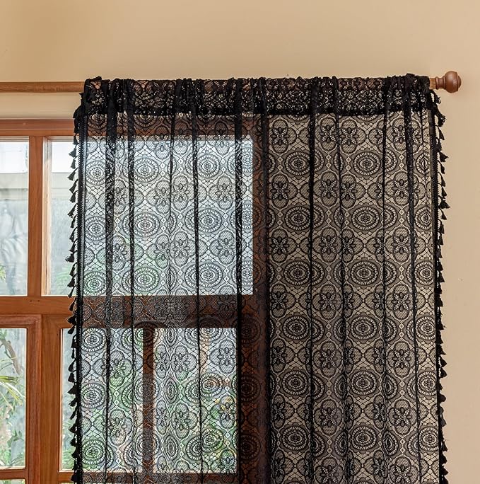 Black Lace Curtains Gothic 84 Inches Long Dark Bohemian Tassel Curtains Vintage Halloween Goth Sheer Curtain for Living Room Bedroom Privacy Witchy Gothic Victorian Décor 2 Panels W59 x L84 Black