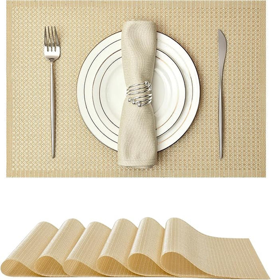 Leetaltree Luxury Gold Sequin Placemats Set of 6 - Waterproof Washable for Wedding, Anniversary, Daily Use - Sparkling Table Decor - Hand-Cut
