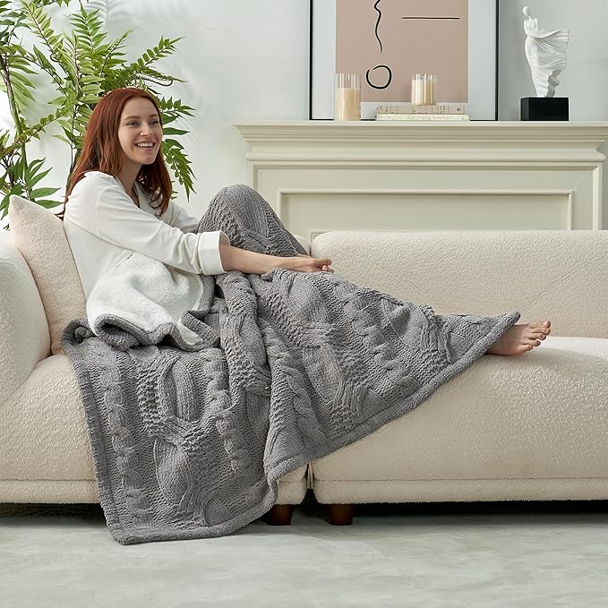 Amélie Home Cable Knit Throw Blanket for Couch Twin, Chenille Sherpa Soft Cozy Throw Blankets for Sofa Chair Comfortable Home, 60"x80", Gray