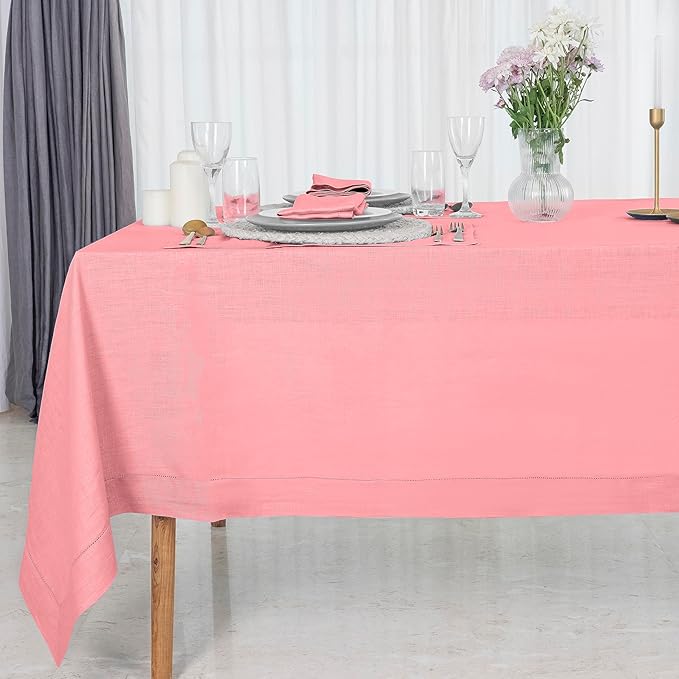 D'Moksha Homes Dusty Pink Linen Tablecloth 60 x 108 Inch - 100% Pure Linen Pink Table Cloth for Rectangle Tables - Classic Hemstitch, Machine Washable Tablecloth for Thanksgiving, Holiday