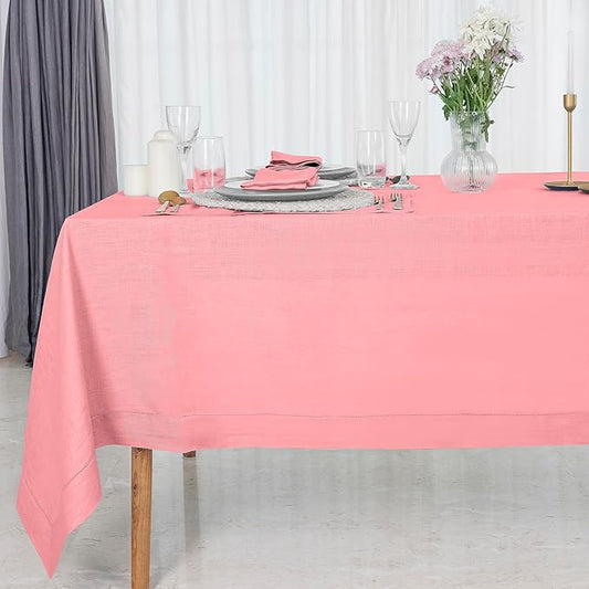D'Moksha Homes Dusty Pink Linen Tablecloth 60 x 108 Inch - 100% Pure Linen Pink Table Cloth for Rectangle Tables - Classic Hemstitch, Machine Washable Tablecloth for Thanksgiving, Holiday