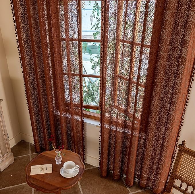 YJ YANJUN Caramel Brown Sheer Curtains 72 Inches Long 2 Panel Shabby Chic Floral Lace Curtain Panels with Tassel Bohemian Curtains for Living Room/Bedroom/Patio Door/Sliding Door W59 x L72 Tan Brown