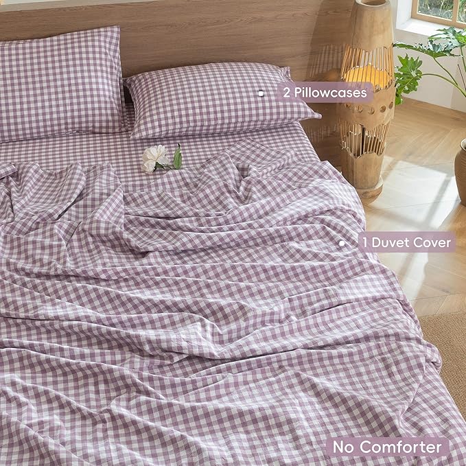 MooMee Gingham Duvet Cover Set 100% Washed Cotton Linen Like Textured Breathable Durable Soft Comfy Modern Checkered Design (Buffalo Plaid Tannish Linen Grey, Queen 90"x90")