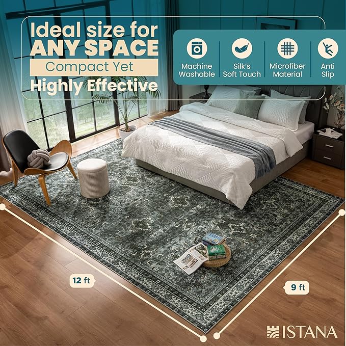 Istana 9x12 Area Rug - Dark Green 9 x 12 Area Rugs for Living Room - Foldable Rugs for Bedroom/Living Room Rug 9x12 - Stain Resistant Washable Rugs - Eco-Friendly Area Rugs