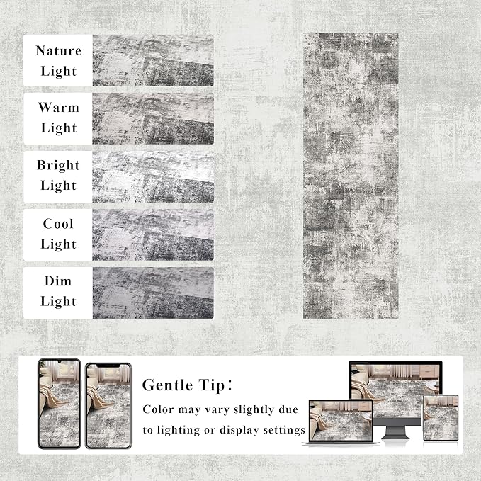 2x6 Modern Abstract Rug Washable Area Rugs for Living Room Bedroom Dining Room Non-Slip Low Pile Neutral Large Rug Soft Indoor Floor Carpet, Gray