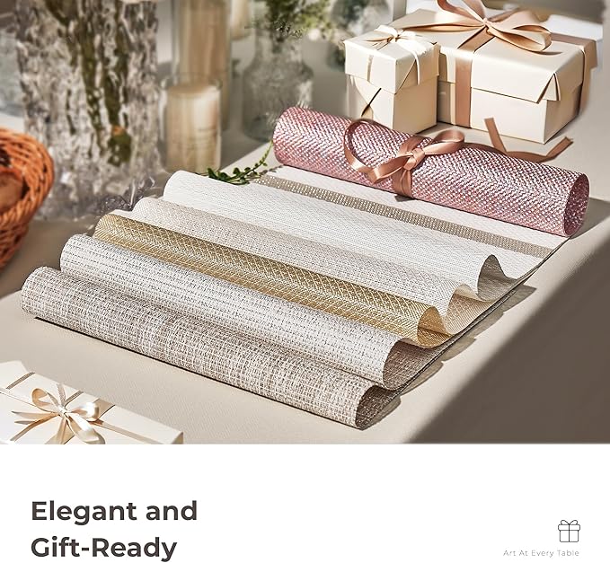 Leetaltree Luxury Gold Sequin Placemats Set of 12 - Waterproof Washable for Wedding, Anniversary, Daily Use - Sparkling Table Decor - Hand-Cut