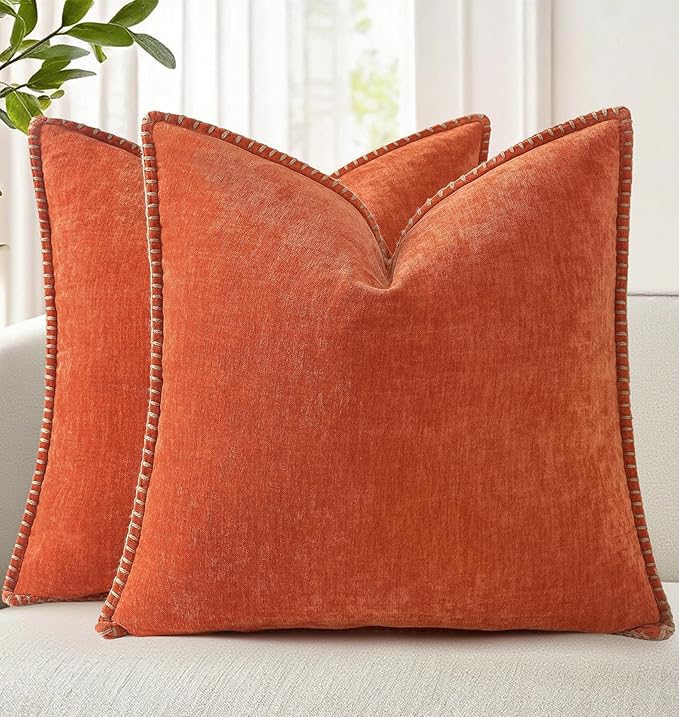 decorUhome Fall Chenille Soft Throw Pillow Covers 16x16 Set of 2, Farmhouse Velvet Neutral Decorative Euro Pillow Covers with Stitched Edge for Couch Sofa Bed Home Decor, Rust