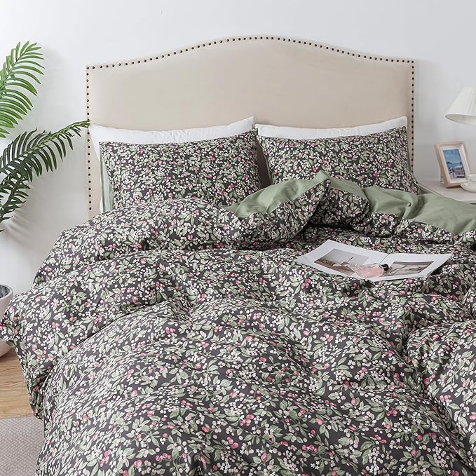 HoneiLife Duvet Cover Queen Size - Cotton Comforter Cover Floral Duvet Cover Sets 3-PC, Soft Bedlinen for Set with Zipper Closure & Corner Ties, Wildflower Comforter Cover Sets,Berry
