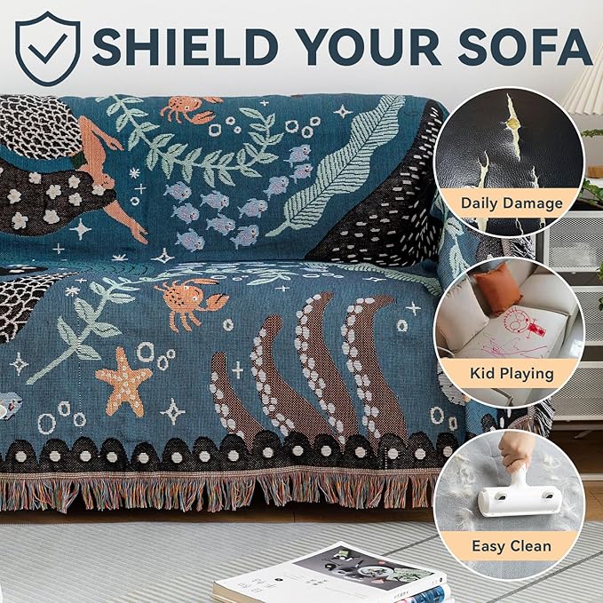VClife Cute Couch Cover Sofa Covers for Dog, Non Slip Couch Covers for 3 Cushion Couch Sofa, Sea Fish Shark Mermaid Pattern Couch Slipcover for 3 Seater, Soft Cotton Linen Sofa Protector, 71"X134"