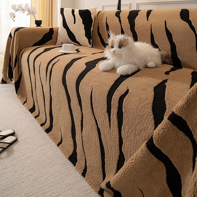 ROOMLIFE Striped Boho Khaki Couch Cover for 2-3 Cushion Sofa, Fuzzy Plush Warm Sofa Slipcovers Sectional Sofas Covers, Non Slip Washable Furniture Protector Soft with Tassel,Winter 71''X150”