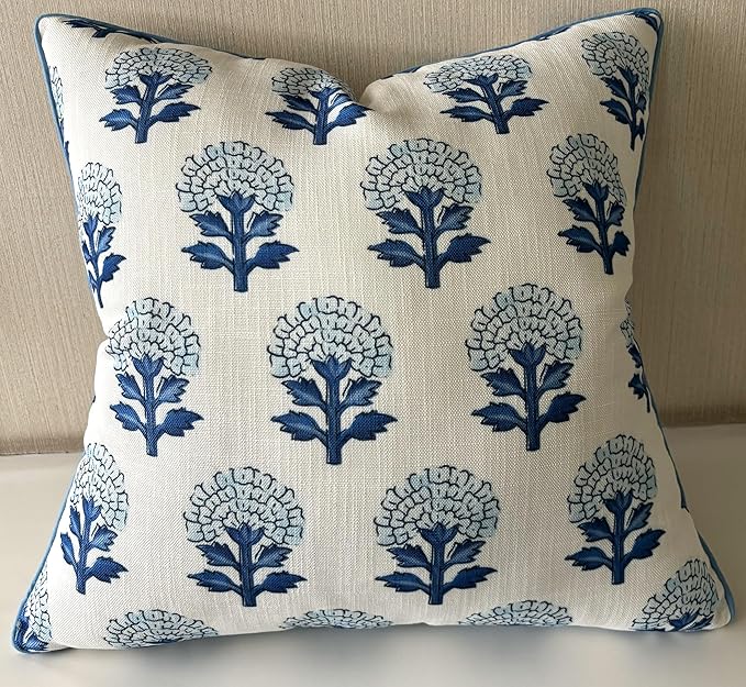 Babur Floral Printed Decorative Square Accent Throw Pillow Cover - Decor for Living Room, Sofa, Chair, Patio, Car, Balcony, Bench, Porch, Nursery, Office, Bedroom - 18x18 Inches, Blue
