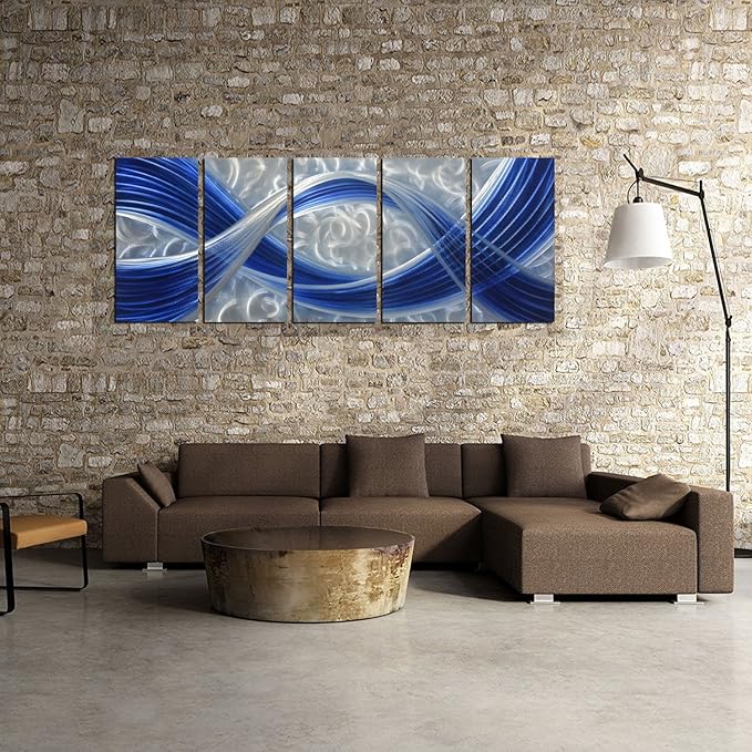 Metal Wall Sculpture with Dark Blue Line Silver Background, Aluminum Wall Art, Unique Metal Artwork, Abstract Metal Wall Art for Modern and Contemporary Decor, Indoor and Outdoor, 5-Panels 64" x 24"