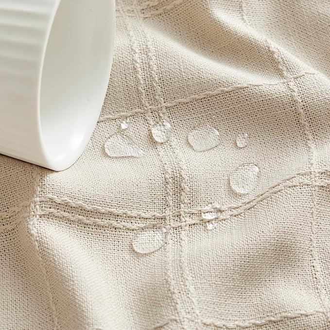 ZeeMart Linen Checked Table Cloth, Farmhouse Style Plaid Embroidered Neutral Tablecloth, Water Resistant Rectangle Table Cloth, Beige 52x70 Inches