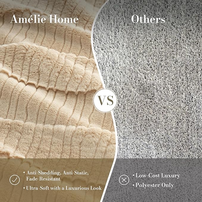 Amélie Home Luxury Striped Faux Fur Throw Blanket for Bed Queen Size, Soft Cozy Fuzzy Fluffy Plush Gift Blankets for Women, 88"x90", Beige