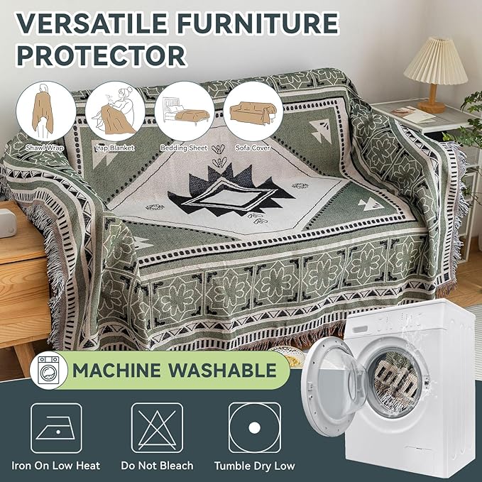 VClife Boho Sofa Cover XXL Couch Cover for 3-4 Cushion Couch Sofa Sage Green Geometry Loveseat Cover for Dog Cotton Linen Furniture Protector Cover with Tassel Non-slip Sectional Sofa Slipcover 71X150