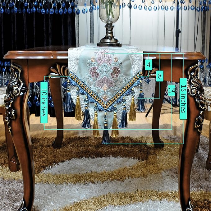 Luxury Velvet Blue Table Runner 72 Inches Long with Vintage Damask Jacquard Design for Dining Room,Living Room,Home Decor,Elegant Beaded Tapestry,Lining (X-Blue, 13×72 inch)