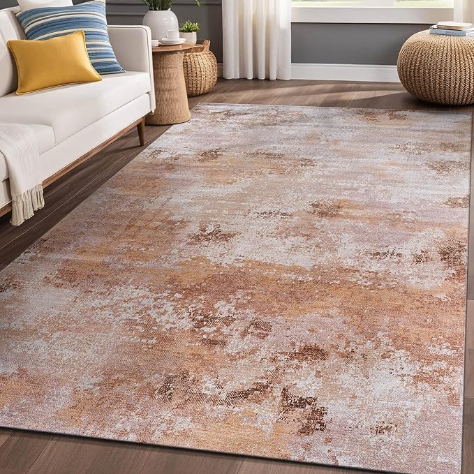 Non Slip Rugs 5x7 Modern Abstract Easy Silk Rubber Backing Soft Area Rug for Living Room Easy to Clean Non Shedding Kitchen for Bedroom Indoor Carpet (Beige - Brown, 5x7)