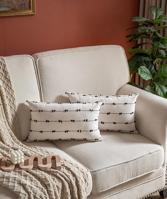 Caflife Boho Throw Pillow Covers 12x20 inches Beige and Black, Set of 2 Modern Farmhouse Decorative Pillow Covers for Couch Bed, Living Room