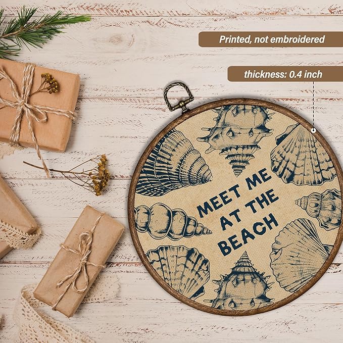 XBBMGG Coastal Seashell Wall Art Decor, Vintage Meet Me at The Beach Shell Round Wall Hanging Decor, Nautical Seashell Framed Canvas Prints for Living Room Bathroom Decorations, 10x10inch